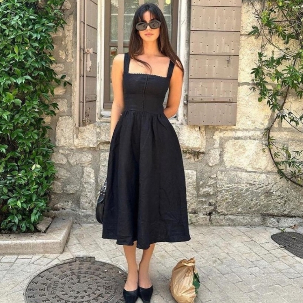 Reformation Tagliatelle Black Linen Midi Dress 6